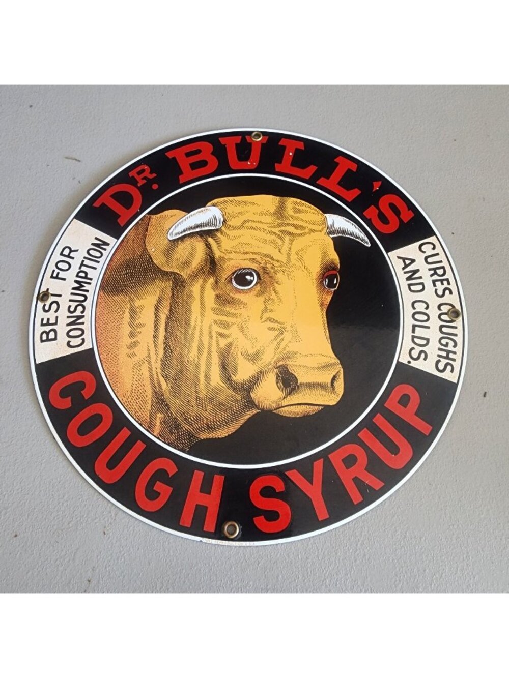 Vintage-Style Dr. Bull's Cough Syrup Round Metal Sign - 1992 Reproduction